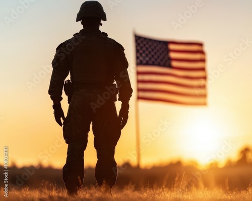 Soldier standing silhouette against American flag at sunset