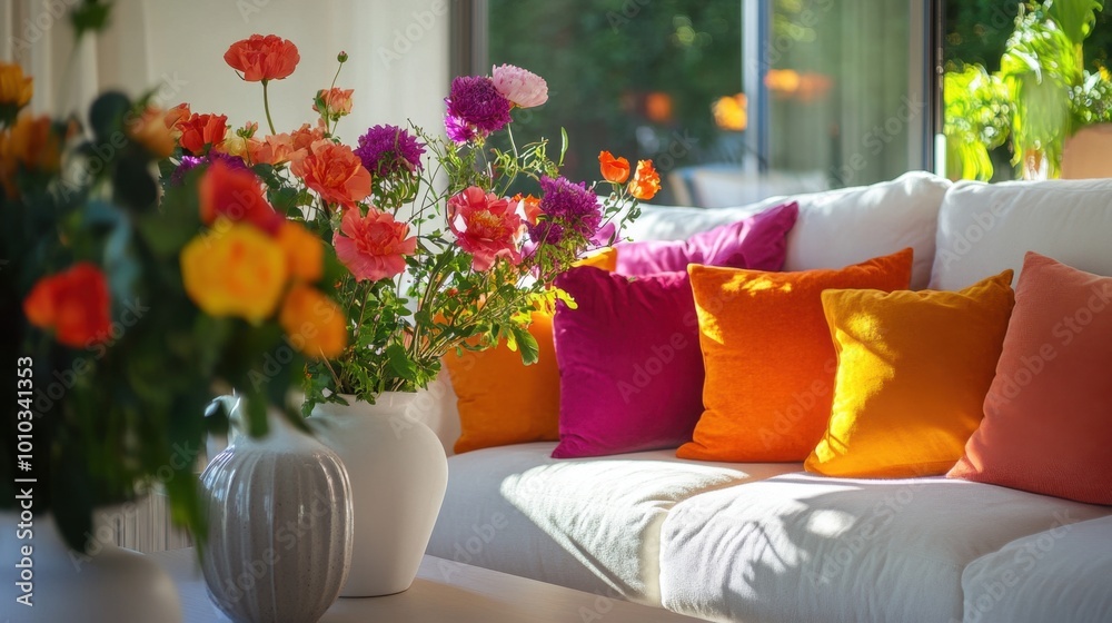 Naklejka premium A bright and cheerful living room featuring soft, plush furniture adorned with colorful cushions, complemented by fresh flowers in modern vases. Stylish decor shines through.