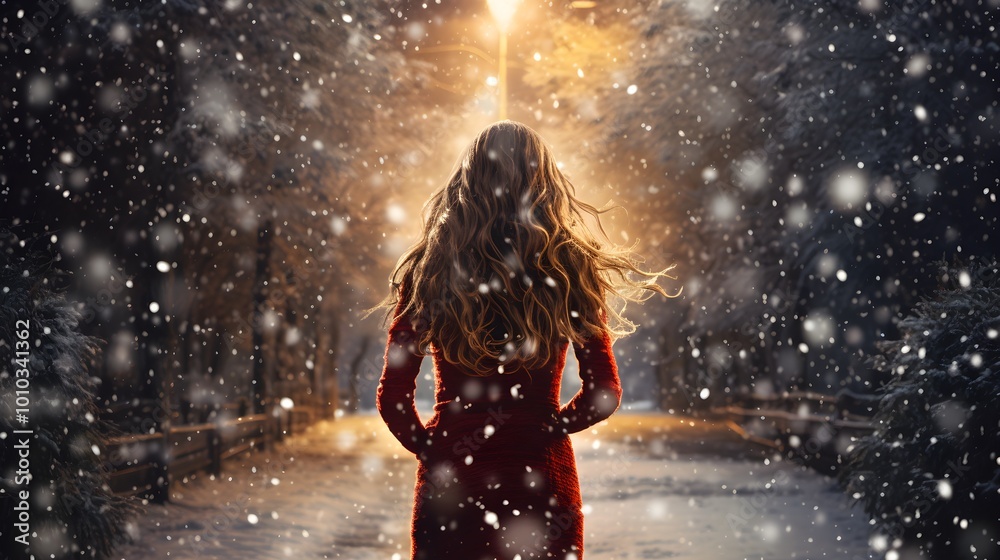 Woman Walking in Snowy Winter Night Backlit by Street Light Woman Walking in Snowy Winter Night Backlit by Street Light