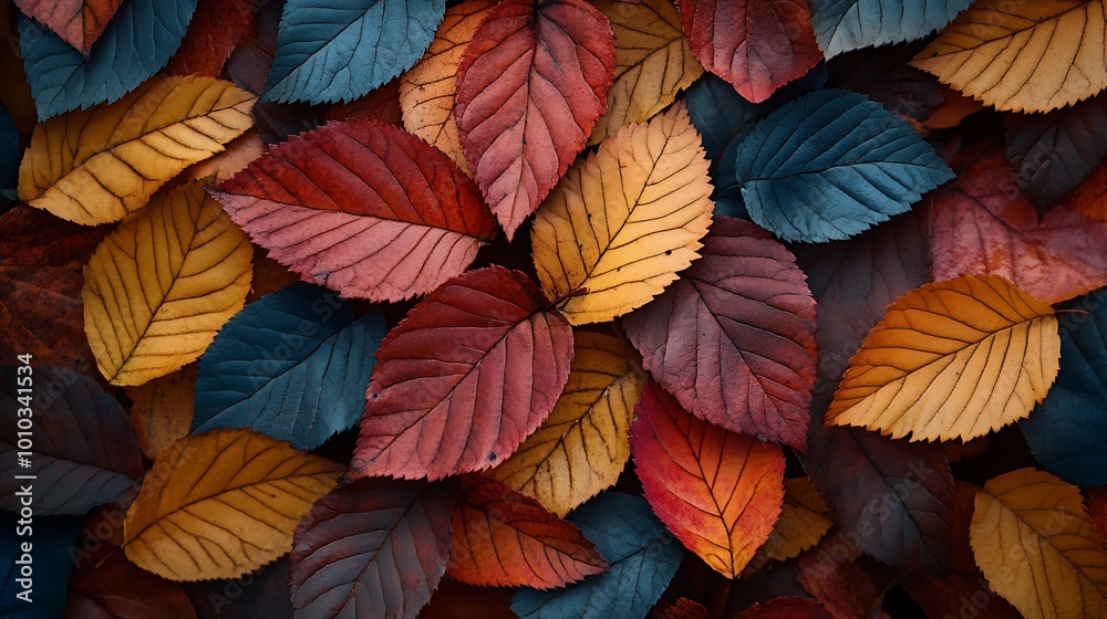 A close-up shot of colorful autumn leaves in shades of red, orange, yellow, and blue, forming a natural background. A close-up shot of colorful autumn leaves in shades of red, orange, yellow, and blue, forming a natural background.