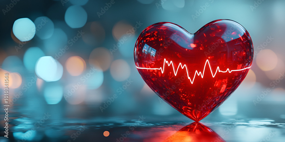 Glowing Red Heart with Pulse Line on Dark Background Glowing Red Heart with Pulse Line on Dark Background