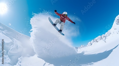 Snowboarder Jumps High Above Snow Covered Mountains in Winter