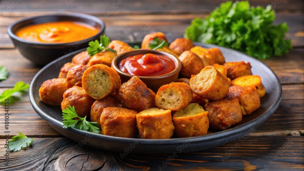 Appetizing fried pork sausage pieces with curry ketchup , sausage, curry, ketchup, fried, food, close-up, delicious, snack, appetizer Appetizing fried pork sausage pieces with curry ketchup , sausage, curry, ketchup, fried, food, close-up, delicious, snack, appetizer