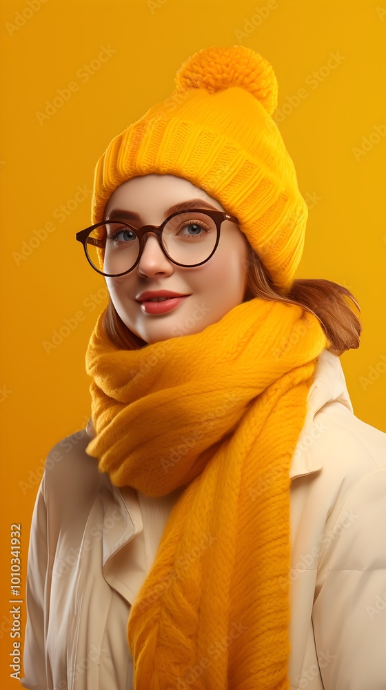 Woman in Yellow Knitted Hat and Scarf Winter Fashion Portrait Woman in Yellow Knitted Hat and Scarf Winter Fashion Portrait
