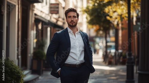 A Man in a Suit Stands on a City Street