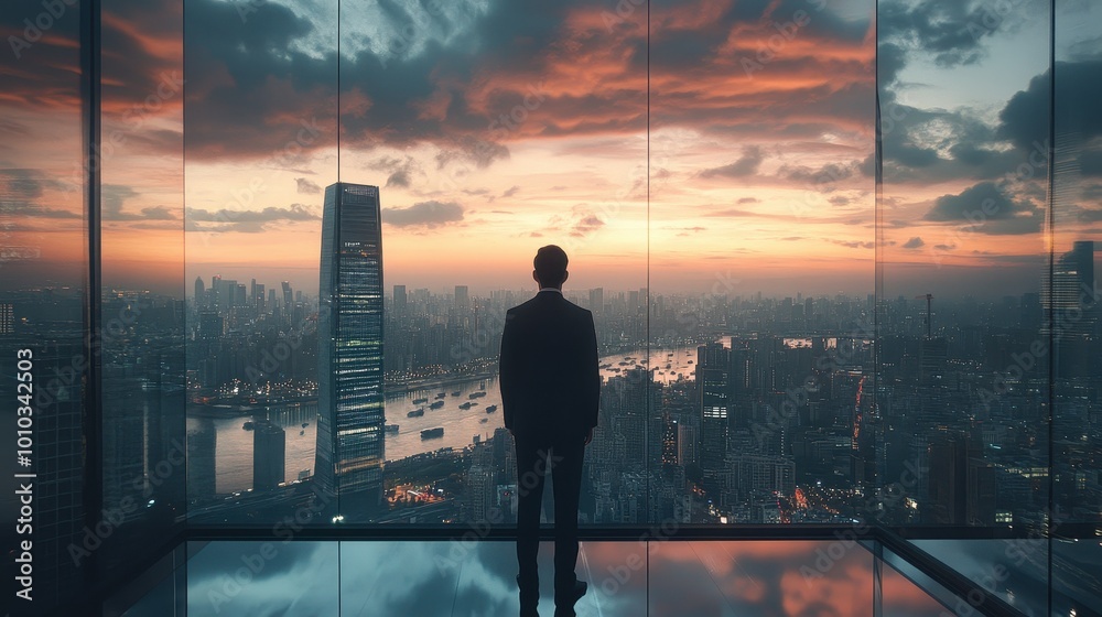 Contemplating the City at Sunset from a High Vantage Point