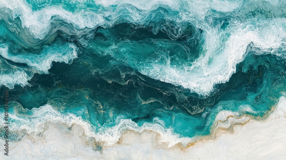 Abstract aerial view of turquoise ocean waves with white foam and golden accents. Abstract aerial view of turquoise ocean waves with white foam and golden accents.