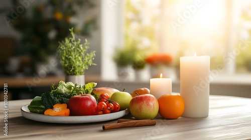 Farmhouse Kitchen Table with Harvest Produce and Candlelight