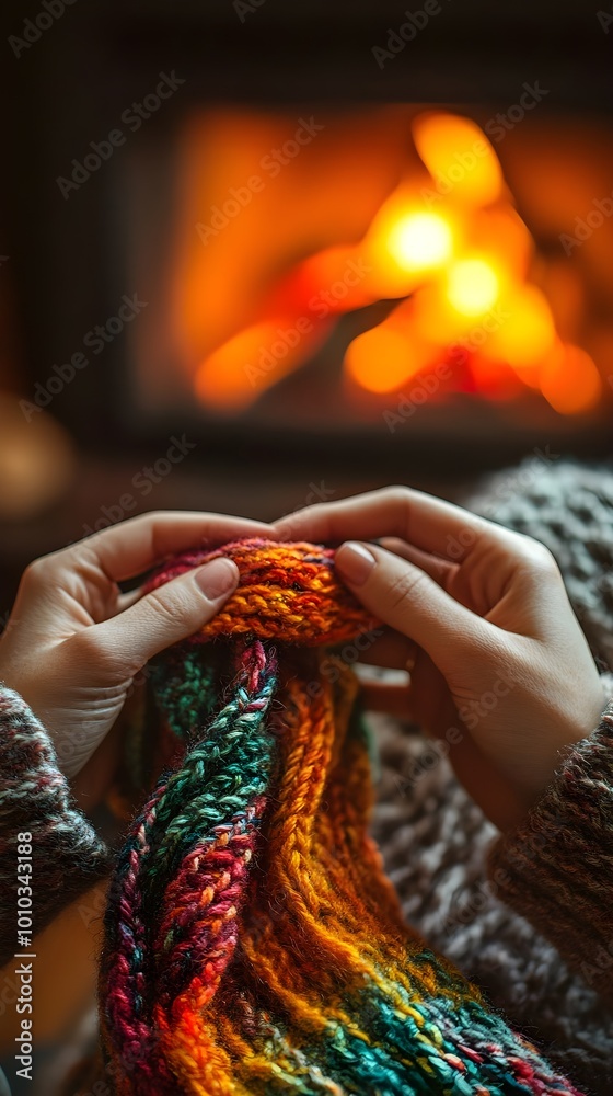 Closeup of Hands Holding Colorful Knitted Scarf in Front of Fireplace Closeup of Hands Holding Colorful Knitted Scarf in Front of Fireplace