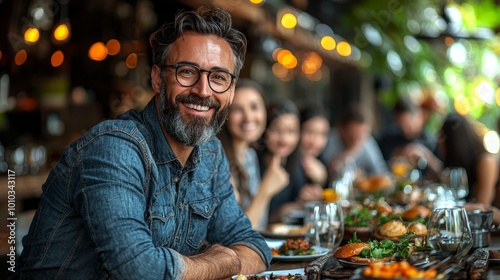 A joyful gathering at a restaurant with friends and a variety of dishes on the table.