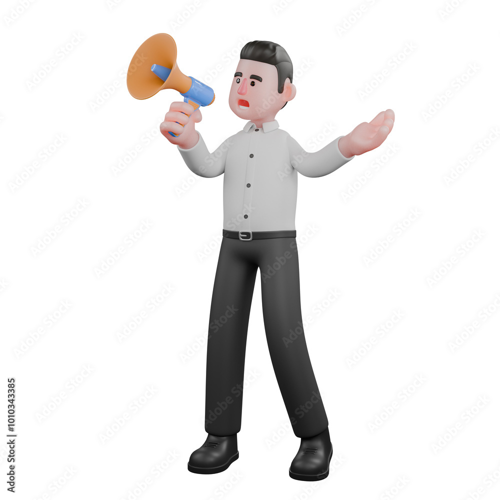 3D Male Businessman Character. A male businessman stands with his right hand holding a loudspeaker while his left hand is raised up with the palm facing up. Corporate Professional 3D Male Businessman Character. A male businessman stands with his right hand holding a loudspeaker while his left hand is raised up with the palm facing up. Corporate Professional