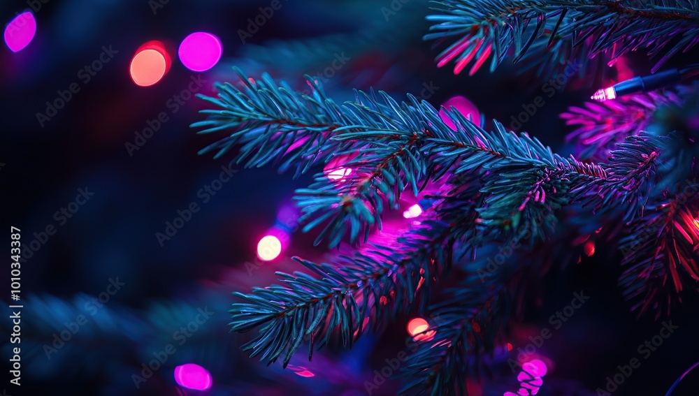 A close-up of vibrant neon purple and blue Christmas lights wrapped around the branches of an evergreen A close-up of vibrant neon purple and blue Christmas lights wrapped around the branches of an evergreen