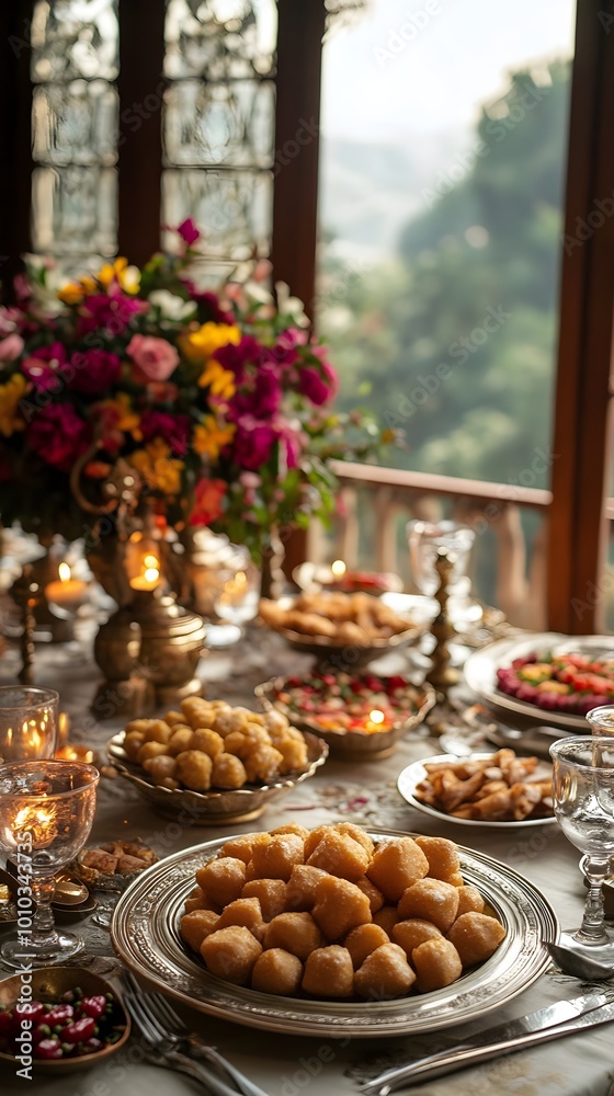 Delicious Middle Eastern Sweets on a Festive Table Setting with Flowers Delicious Middle Eastern Sweets on a Festive Table Setting with Flowers