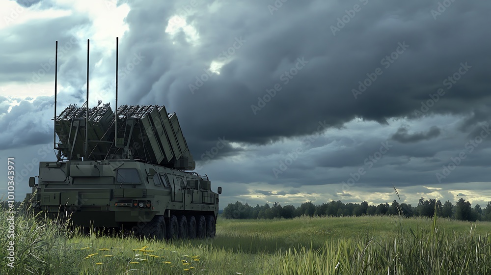 Fototapeta premium Military Missile Launcher Under Ominous Clouds