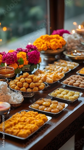 Traditional Indian Sweets and Flowers Festive Table Setting