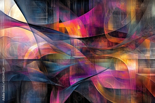 Abstract artwork with flowing lines and shapes in shades of pink, purple, orange, and blue.