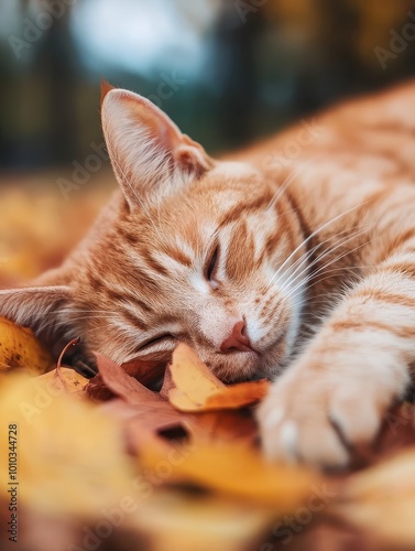 A brown cat lay down on autumn leaves photo
