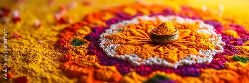 Colorful Turmeric Powder in Bowl on Mandala Design photo