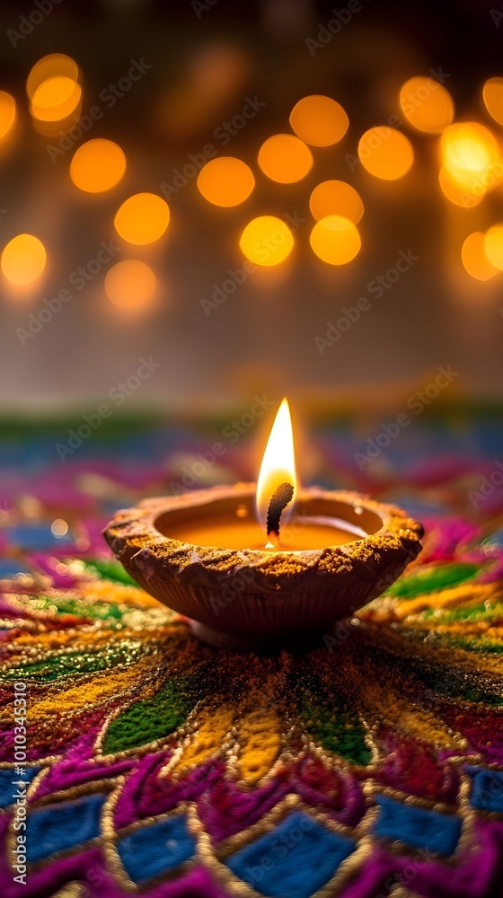 Diwali Celebration Lit Clay Diya with Bokeh Lights and Rangoli Design Diwali Celebration Lit Clay Diya with Bokeh Lights and Rangoli Design