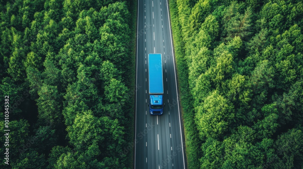 Fototapeta premium Aerial View of Blue Truck on Winding Road Through Lush Green Forest