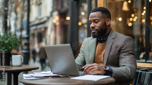 African American man working on laptop at outdoor cafe, dressed in stylish blazer and sweater, surrounded by cozy atmosphere