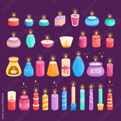 Candles Vector Big Set. Comfort Theme, Home Design and Interior Decoration Elements Collection. Aroma Candle Bundle.
