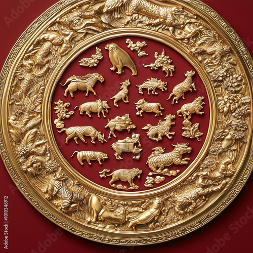 A detailed close-up of a circular Chinese Zodiac wheel with all twelve animal signs, intricately designed in gold on a red background, soft warm lighting, traditional and elegant composition 