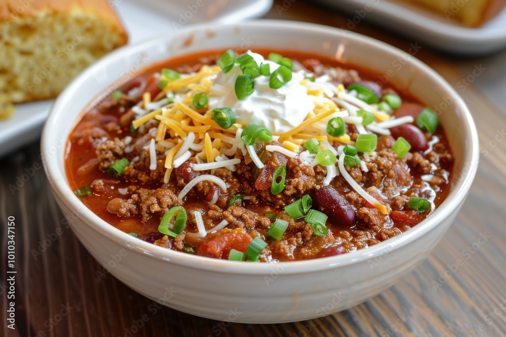 Classic beef chili with beans, cheddar cheese, sour cream, and green onions served with cornbread Classic beef chili with beans, cheddar cheese, sour cream, and green onions served with cornbread