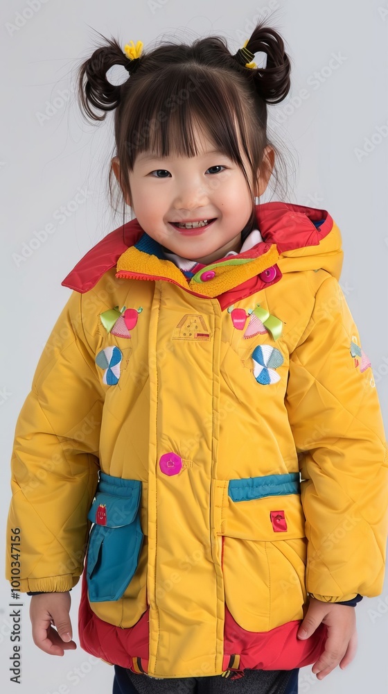 Cute Little Girl in Yellow Winter Coat with Colorful Designs Smiling Cute Little Girl in Yellow Winter Coat with Colorful Designs Smiling