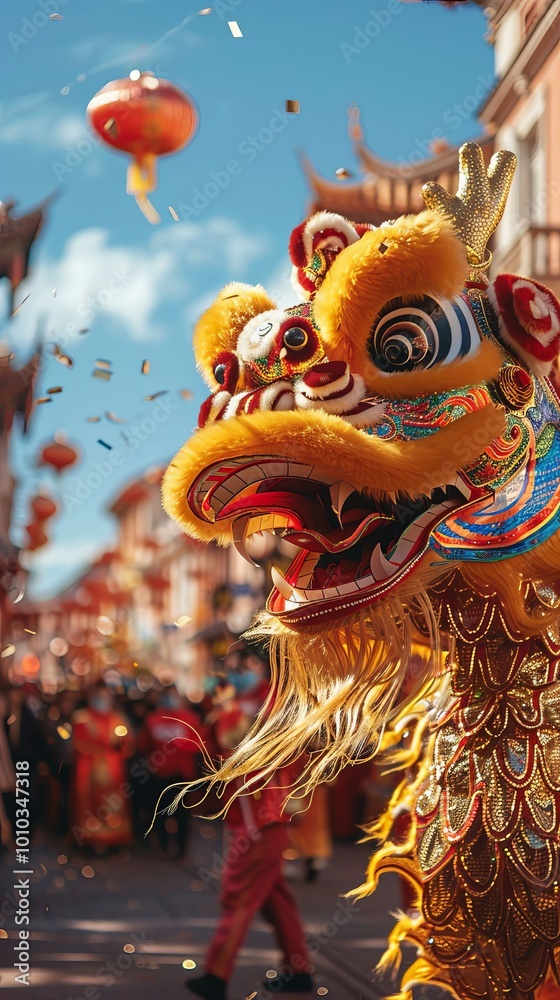 Obraz premium Chinese New Year Dragon Dance Performance with Golden Decorations and Red Lanterns