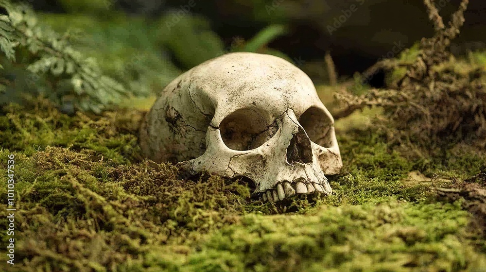 Human Skull Resting on Mossy Forest Floor Human Skull Resting on Mossy Forest Floor