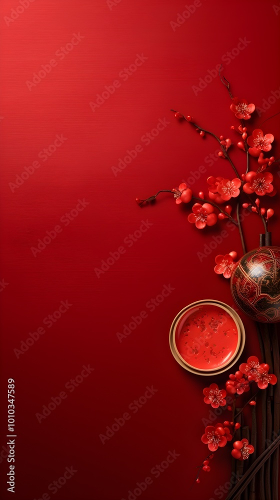 Fototapeta premium Red Background with Chinese New Year Decorations Flowers and Ornament