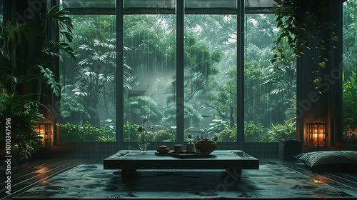 Tranquil Japanese Tea Room with Rain Falling Outside Large Window