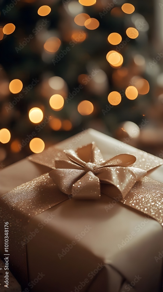 Festive Gift Box with Gold Bow and Blurred Christmas Lights Festive Gift Box with Gold Bow and Blurred Christmas Lights