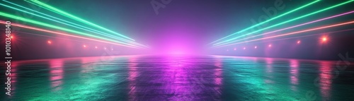 Vibrant laser lights in a dark setting create an electrifying atmosphere  perfect for nightlife and entertainment themes