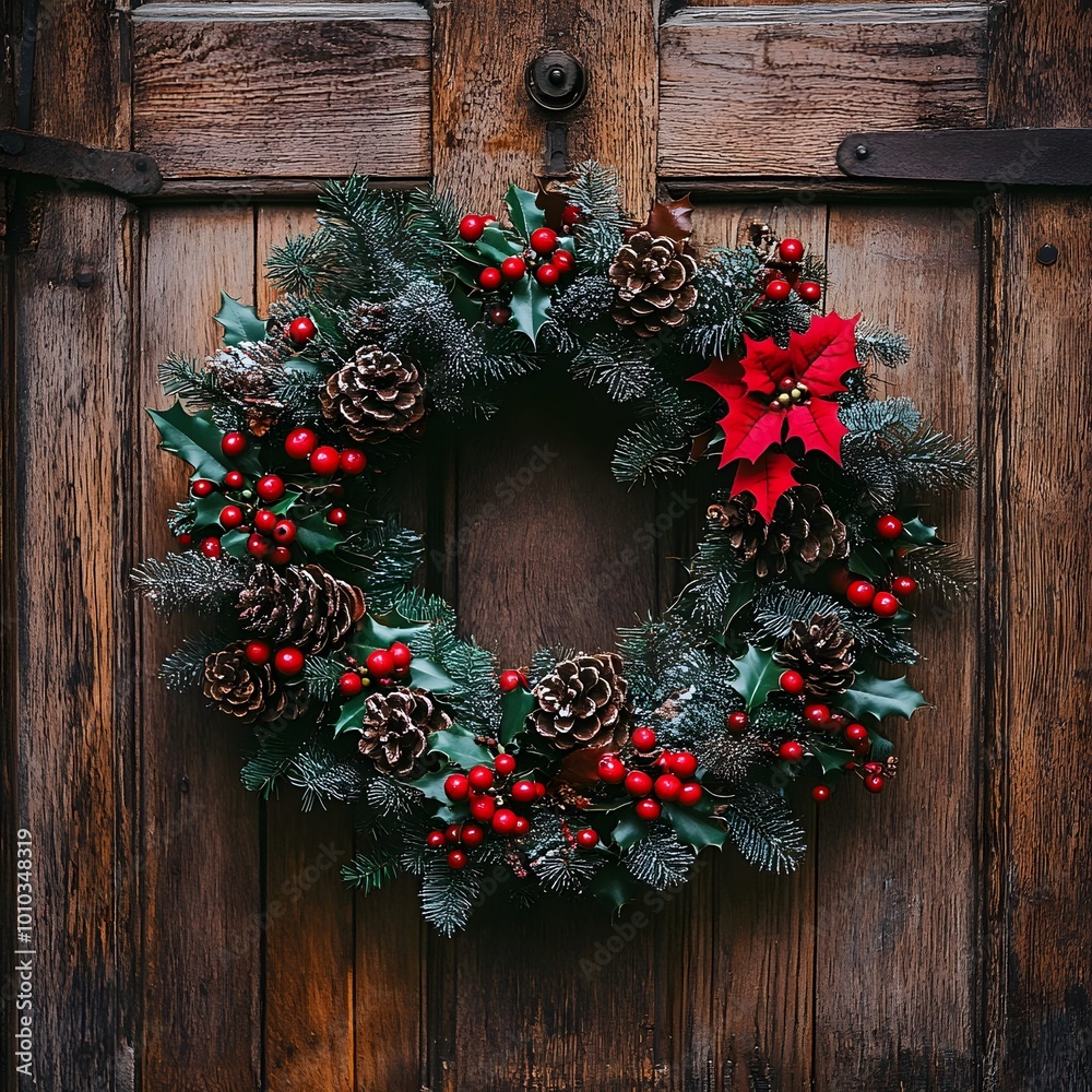 Rustic Christmas Wreath with Pine Cones Holly and Red Berries on Wooden Door Rustic Christmas Wreath with Pine Cones Holly and Red Berries on Wooden Door