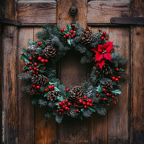 Rustic Christmas Wreath with Pine Cones Holly and Red Berries on Wooden Door