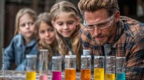 A man demonstrates colorful chemical reactions to engaged children during a science activity.