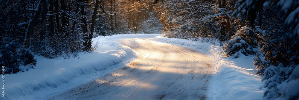 Snow Covered Winding Road in Winter Forest with Sunlight Snow Covered Winding Road in Winter Forest with Sunlight