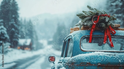 Blue Vintage Car Decorated with Christmas Tree and Red Ribbon in Snowy Winter Landscape