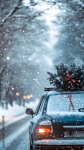 Snowy Winter Drive with Christmas Tree on Car Roof