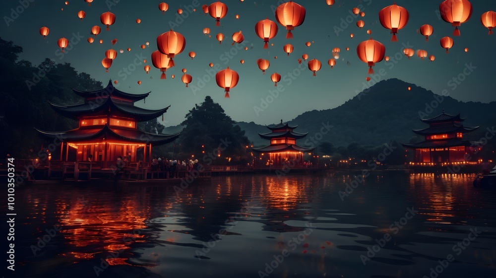 Obraz premium Chinese Lanterns Floating Over Tranquil Lake with Temples and Mountains