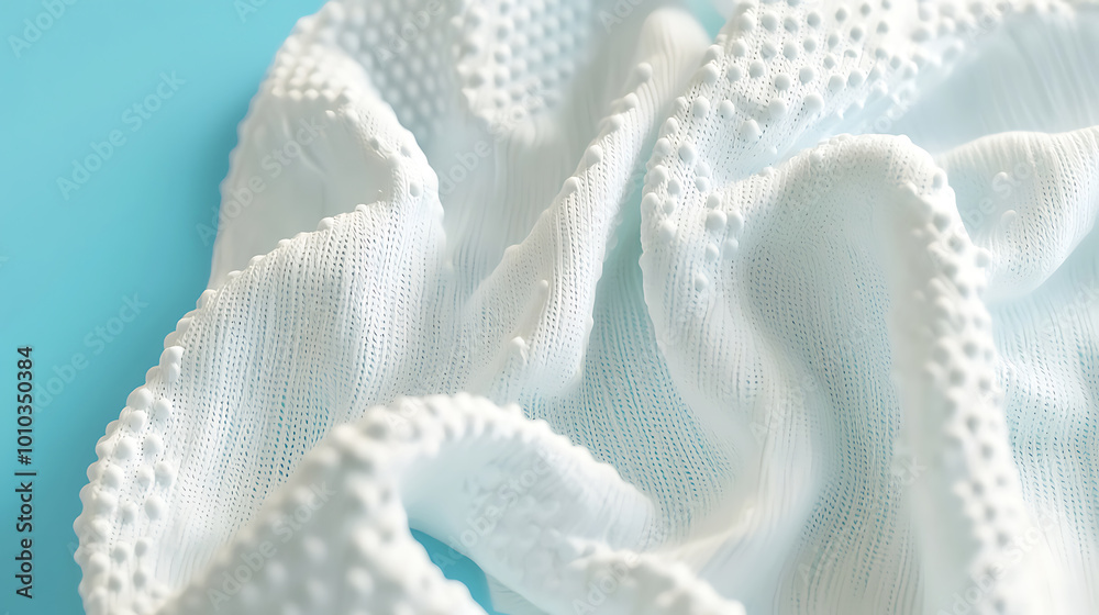 Soft and textured white fabric draped elegantly on blue background, showcasing its intricate design and inviting tactile quality. gentle folds create sense of depth and movement