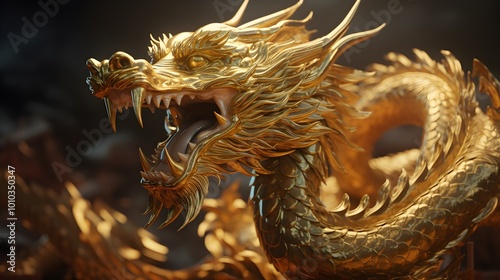 Golden Dragon Statue with Ferocious Expression and Scales Chinese Mythical Creature