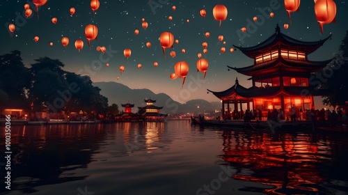 Chinese New Year Celebration with Floating Lanterns and Pagoda