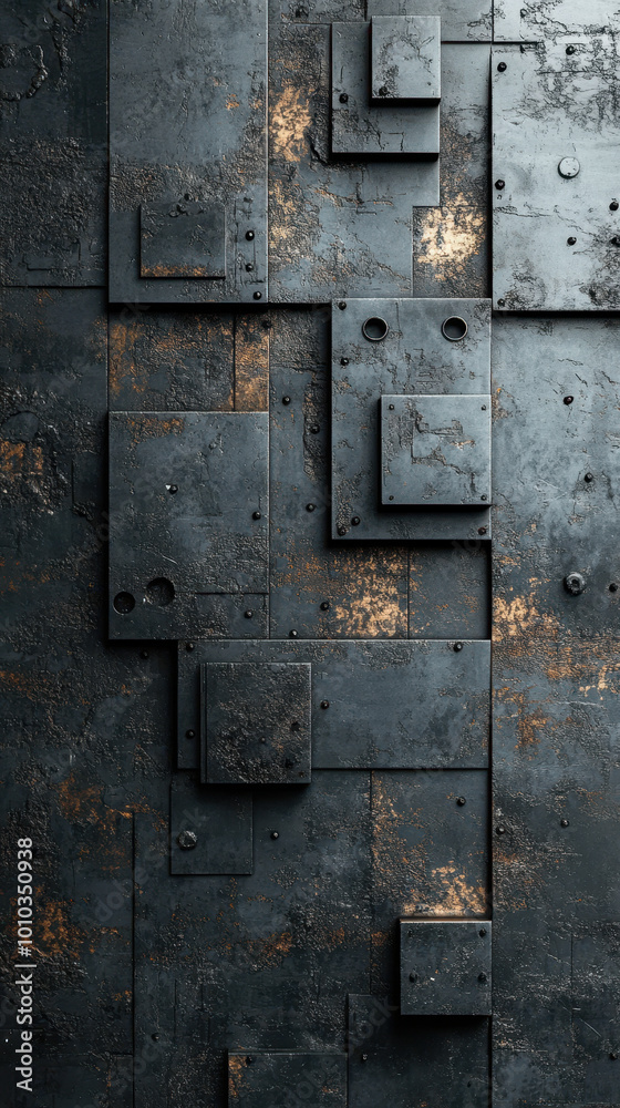 Textured metallic wall with monochrome design featuring various geometric shapes and patterns. surface displays mix of dark tones and rust, creating striking industrial aesthetic