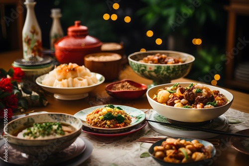 Chinese New Year Feast Delicious Food Dishes on Table with Red Roses