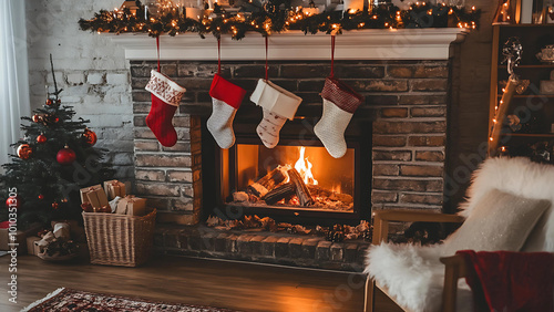 A fireplace decorated with stockings. 