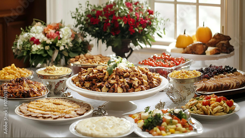 A table overflowing with traditional Thanksgiving dishes.