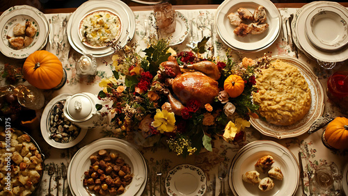 A table overflowing with traditional Thanksgiving dishes.